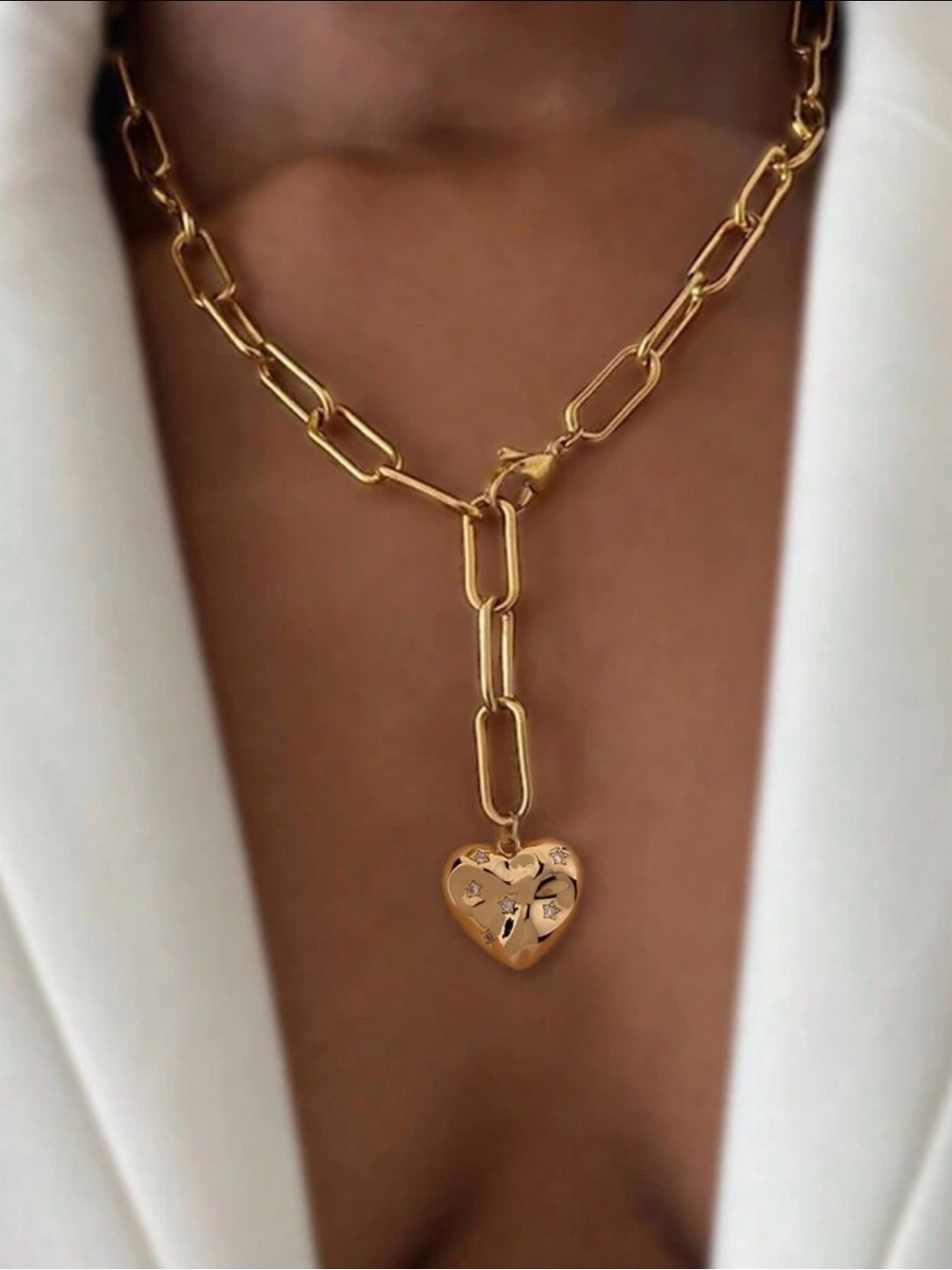 Gold Heart Pendant Paperclip Chain Necklace - Women Jewelry